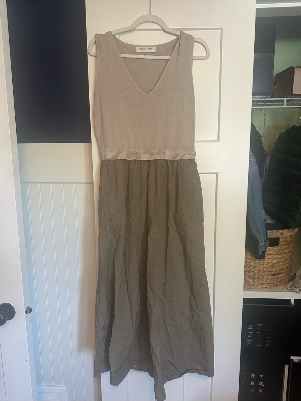 Taylor Two-Tone V-Neck Maxi Dress in Taupe and Olive - Picture 2 of 4
